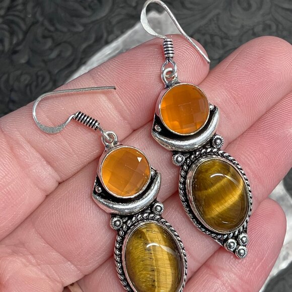 Tigers Eye and Carnelian Crescent Moon Earrings Crystal Stone Jewelry - Picture 4 of 6